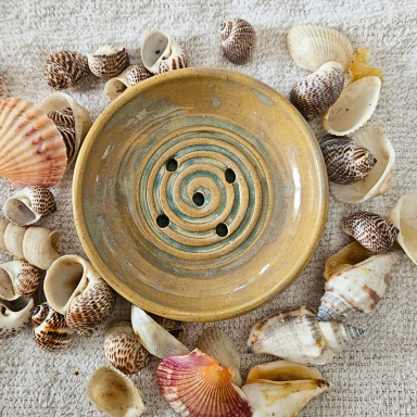 Eine spiralförmige Seifenschale umgeben von verschiedenen Muscheln.