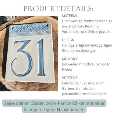 Personalisierte Hausnummer, Produktdetails, hochwertig, wetterfest, handgefertigte Keramik