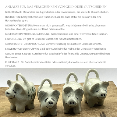 Vier kleine Glücksschweine stehen in einer Reihe, Anlässe für das Verschenken von Geld oder Gutscheinen