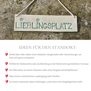 Schild mit der Aufschrift "Lieblingsplatz" und Ideen für den Standort darunter.