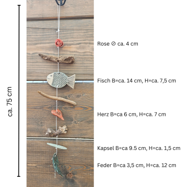 Dekorative mobile Kunst mit Fisch und Holzanhängern, 75 cm lang.