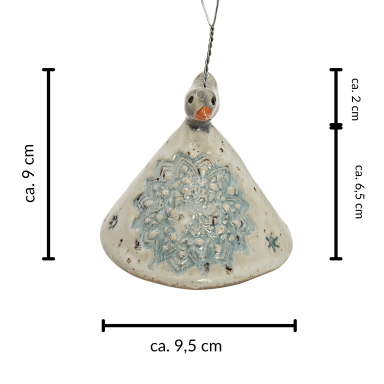 Keramikanhänger mit einer Schneeflocke und Vögelchen, ca. 9 cm hoch.
